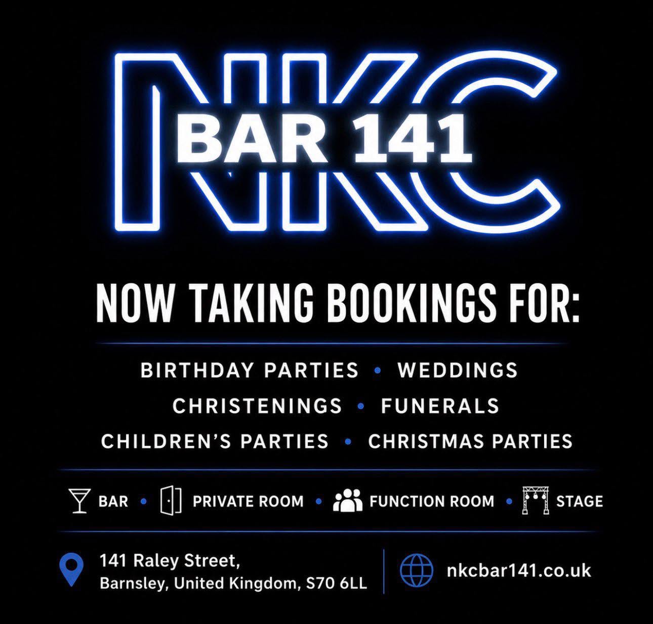 NKC Bar 141 booking flyer for birthday parties, weddings, christenings, funerals, children's parties, and Christmas parties
